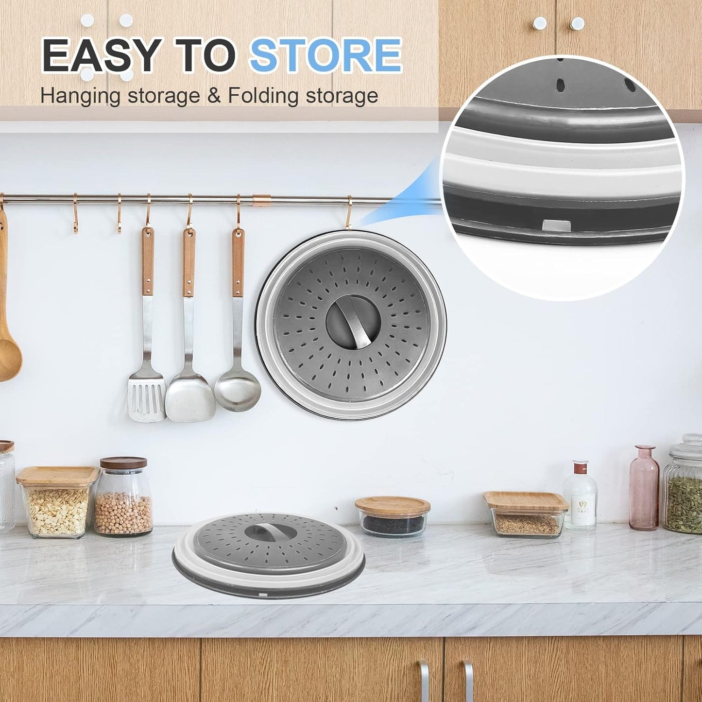 10" Microwave Food Cover & Collapsible Silicone Mat – Splatter Guard & Kitchen Colander, Charcoal