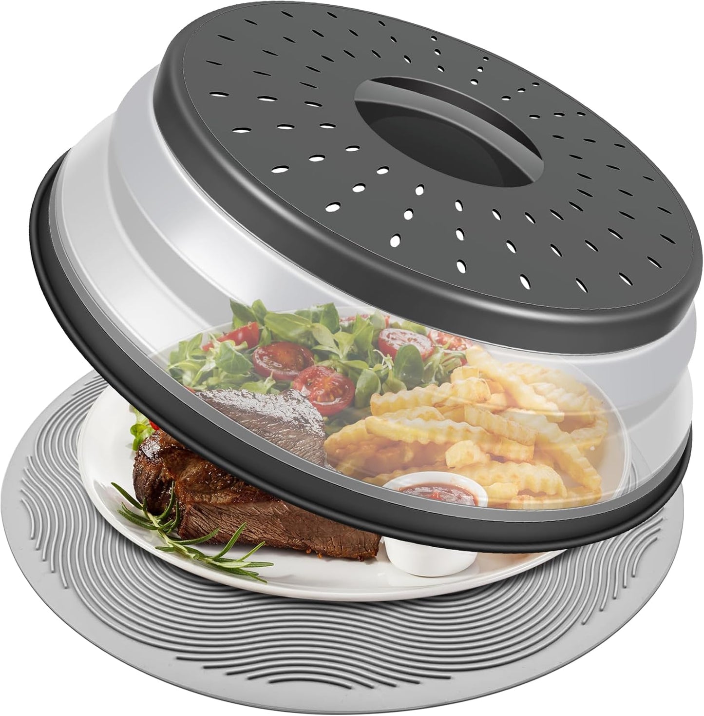 10" Microwave Food Cover & Collapsible Silicone Mat – Splatter Guard & Kitchen Colander, Charcoal