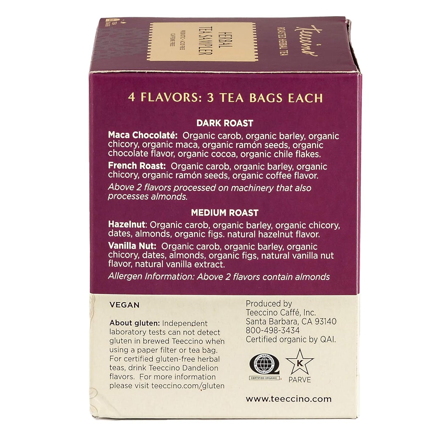 Teeccino Herbal Tea Sampler β 12 Caffeine-Free Roasted Bags with Prebiotics