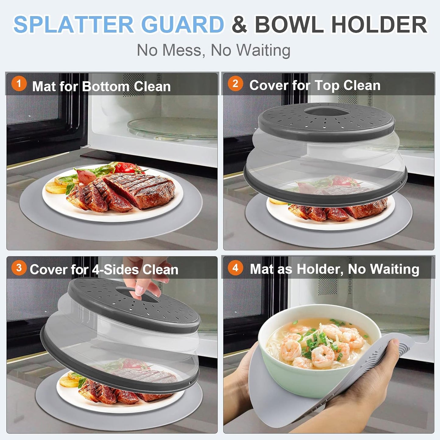 10" Microwave Food Cover & Collapsible Silicone Mat – Splatter Guard & Kitchen Colander, Charcoal