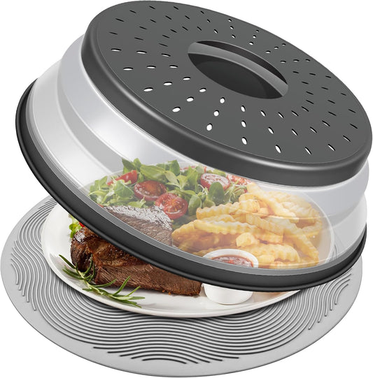 10" Microwave Food Cover & Collapsible Silicone Mat – Splatter Guard & Kitchen Colander, Charcoal