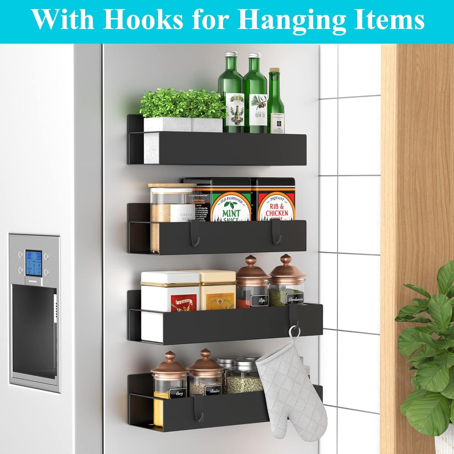 4-Pack Magnetic Spice Rack Organizer for Refrigerator & Oven, Black